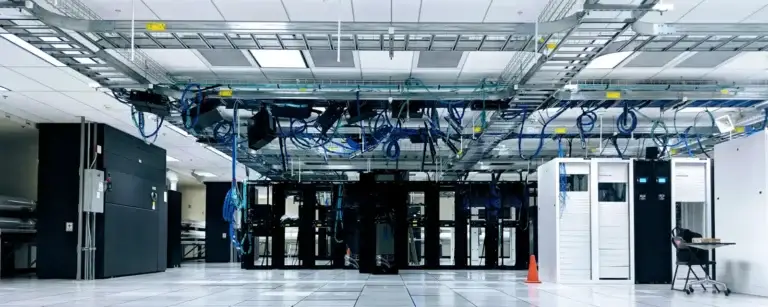 Server room with rows of network cabinets and overhead cabling