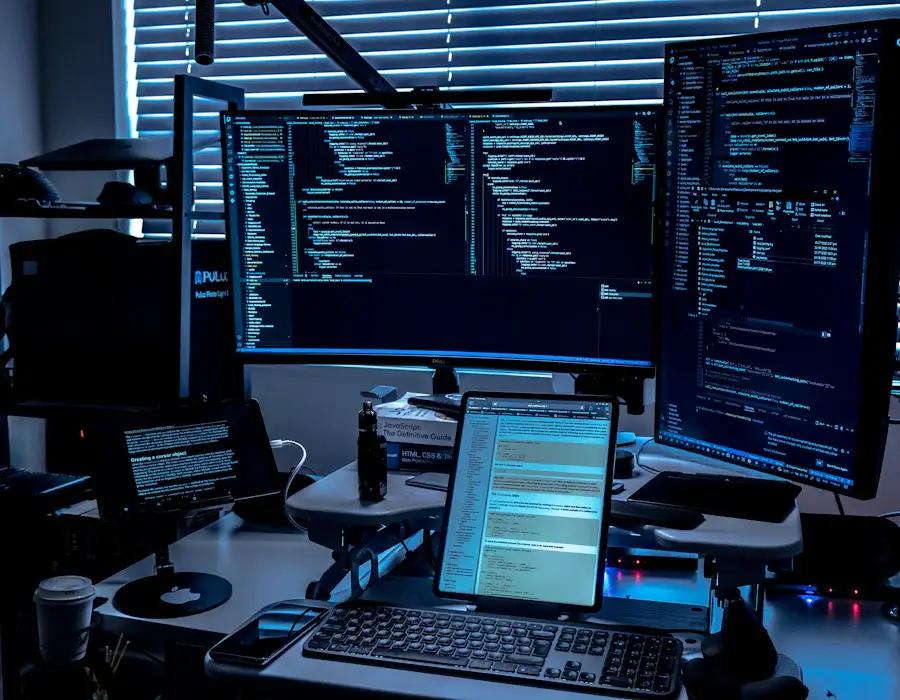 Security analyst workstation with multiple monitors used to track penetration test findings